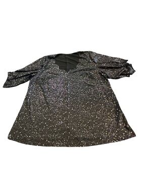 2XL Black Glitter Gothcore Dark Whimsigoth Cold Shoulder Scallop Neck Blouse
